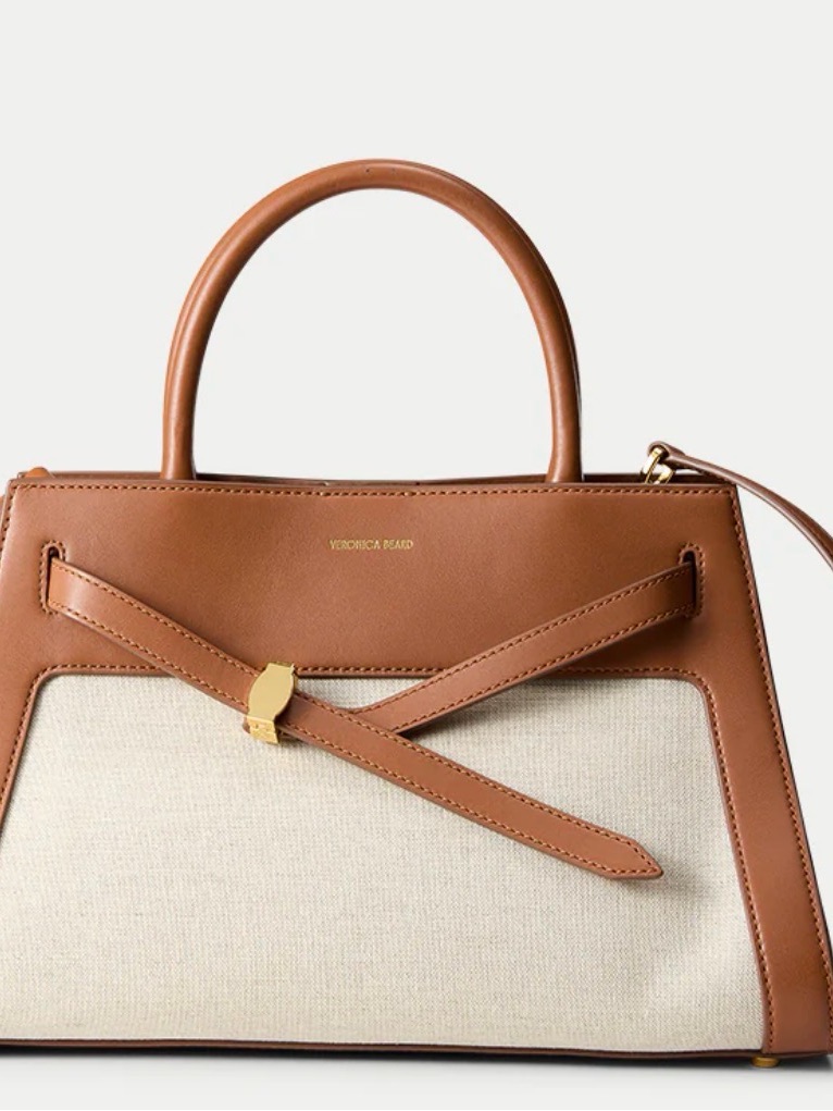 Veronica Beard Tan Leather-Trim Canvas Tote